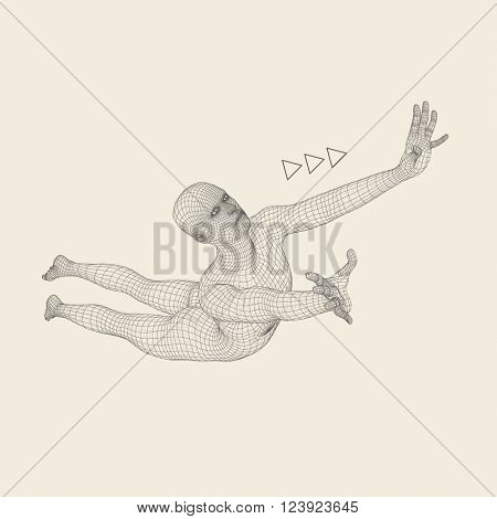 Jump Man. Polygonal Design. 3D Model of Man. Geometric Design. Business, Science and Technology Vector Illustration. 3d Polygonal Covering Skin. Human Polygon Body. Human Body Wire Model.  