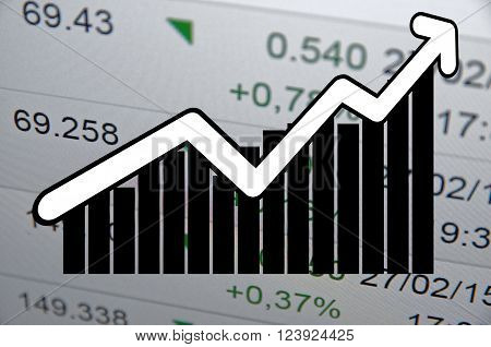 Financial concept up trend arrow in front of uptrend bar chart.