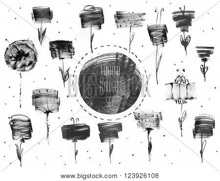 Freehand flowers set made with ink fantasy cute and graphic. Black and white raster illustration made with dye strokes and splatter.