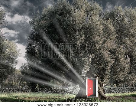 Fantasy Red open door in the tree