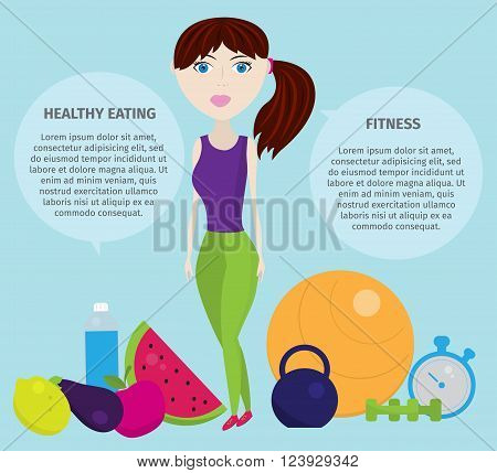 Healthy lifestyle with healthy food icons dumbbell fruits camping fitness woman