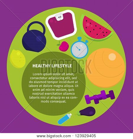 Healthy lifestyle with healthy food icons dumbbell fruits camping