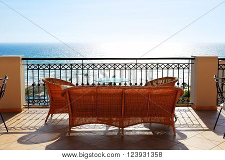 Sea view terrace of luxury hotel Peloponnes Greece