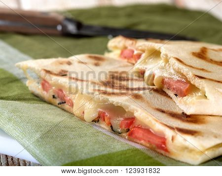 Melted Caprese cheese and tomato pita bread sandwich on green and white napkin