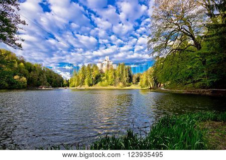 Trakoscan lake and castle on the hill Zagorje region of Croatia