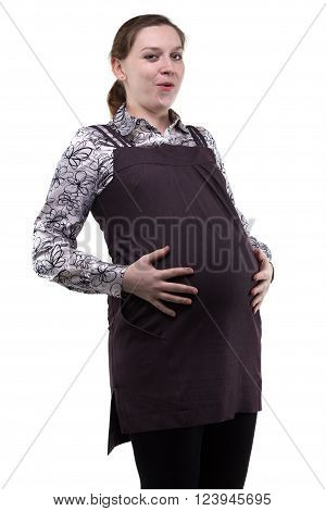 Voracious pregnant woman, joke on white background