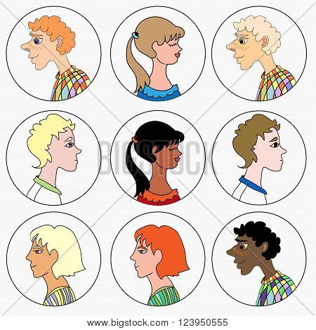 Those men and women colored humorous facial profile image vector illustration