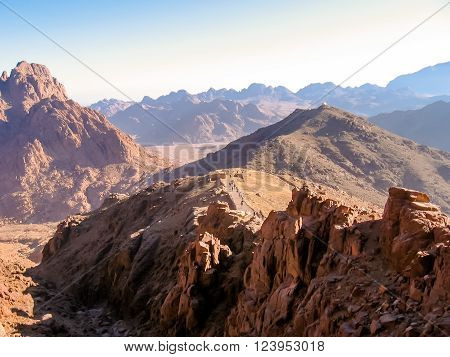 Tourists descend from the Mount Sinai after the night hike to the summit of Aka Jebel Musa, Sinai Peninsula in Egypt.