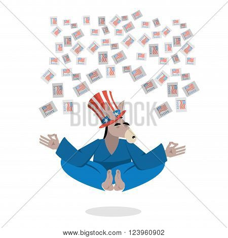 Democrat Donkey Hat Uncle Sam Meditating Votes In Elections. Cheerful Polytypical Illustration. Symb
