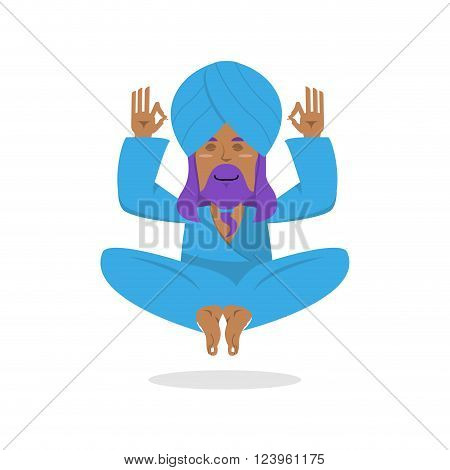 Indian Yogi Meditates. Yogi On White Background. Indian Yoga. Good Yogi In Turban Isolated. Human Kn