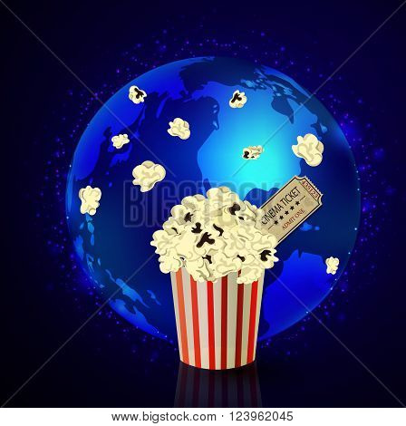 Popcorn and movie ticket on dark space background
