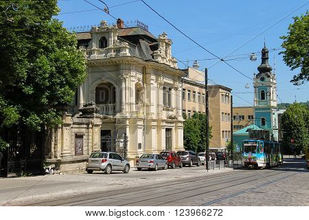 Lviv Ukraine - July 5 2014: View to Museum of the book Rusalka Dnestrova (former bell tower Church of the Holy Spirit) on Kopernyk street