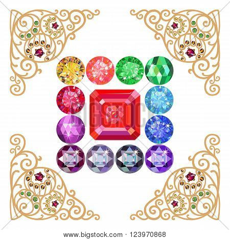 Asscher cut ruby encased in a squared frame of precious stones isolated on white background vector illustration
