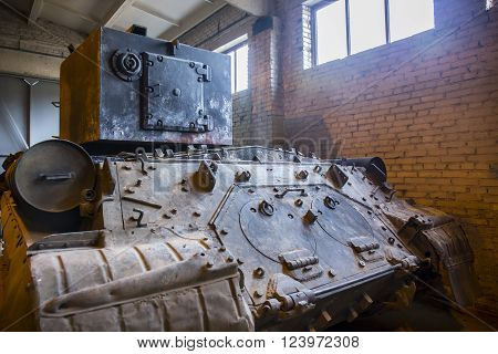 Old soviet heavy tank KV2 rear view close up
