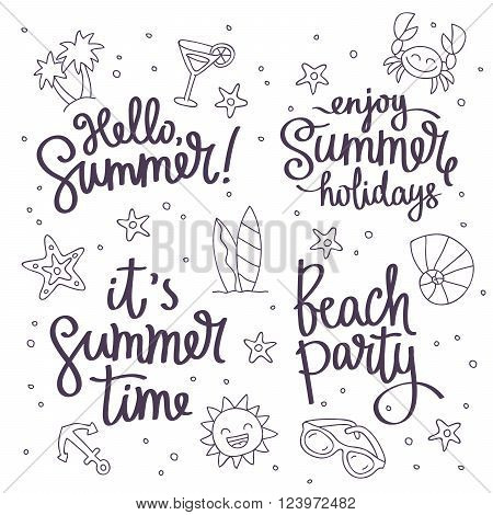 Set Citations: This Summer Beach Party Hello Summer enjoy the summer holidays. Fashionable calligraphy. Vector illustration on white background with summer icons. Elements of design for summer.