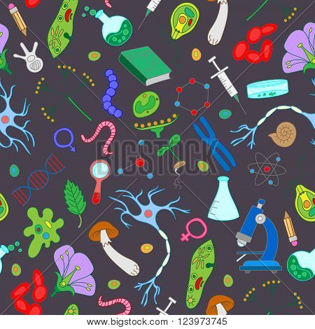 Seamless background with hand drawn icons on the theme of biology