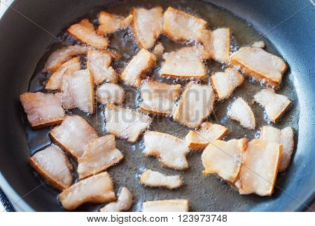 Fat fried in a pan. Best Ukrainian snack - greaves.