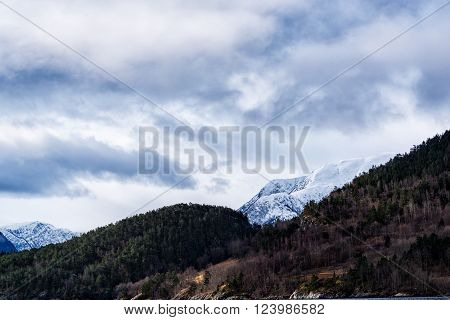 Mountain landscape in Norway with snow caped peaks
