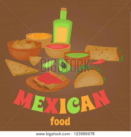 Mexican traditional food set, traditional cusine of Mexico, latino fast food menu takos, burrito, restaurant meal