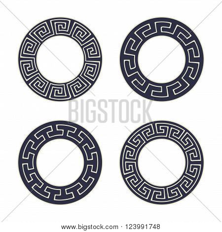 Vector set of four round meander frames. Greek hand drawn border for banner, card, invitation, postcard, label, poster, emblem and other design elements. Vector isolated illustration.