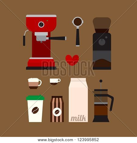 Set of flat icons with coffee espresso machine grinder french press cups and other objects