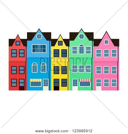 Bright colored houses in a row isolated on white background