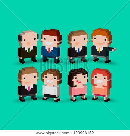 Group of isometric pixel art office characters