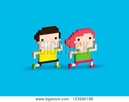Pixel art characters male and female running together