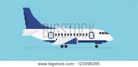 Pixel art plane isolated on blue background