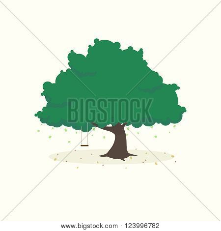 Flat icon of tree with fallinf leaves and swing isolated on light background