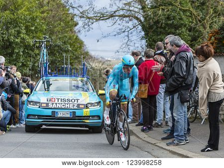 Conflans-Sainte-HonorineFrance-March 62016: The Spanish cyclist Luis Leon Sanchez Gil of Astana Team riding during the prologue stage of Paris-Nice 2016.