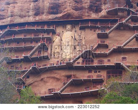 Maiji Shan Stone Mountain With Ancient Buddhist Carving Statue. Travel In Tianshui City, Gansu, Chin