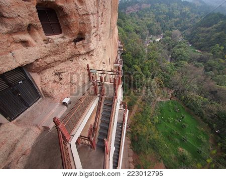 Maiji Shan Stone Mountain With Ancient Buddhist Carving Statue. Travel In Tianshui City, Gansu, Chin