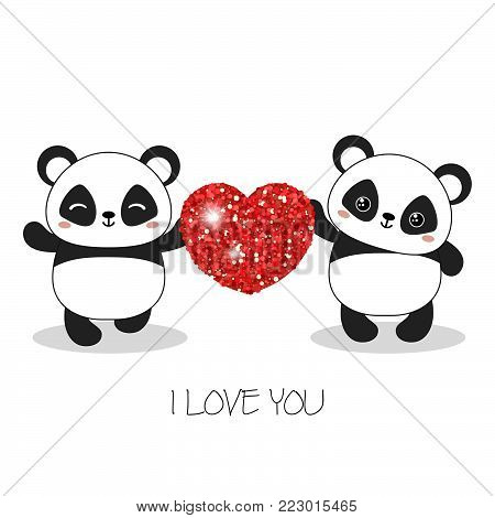 Greeting cards for Valentine's Day, Birthday, Mother's Day with cute pandas. Heart with dust glitters.
