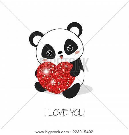 Greeting cards for Valentine's Day, Birthday, Mother's Day with cute panda. Heart with dust glitters.