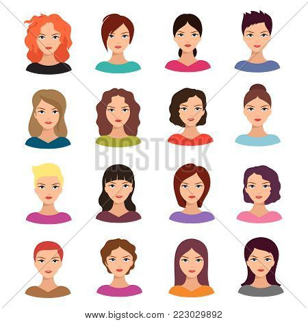 Woman with different hairstyle. Beautiful young female faces vector avatar set. Cartoon female avatar with hairstyle illustration