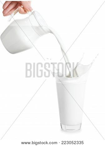 milk from jug pouring into glass isolated on white background. Splashes of milk from the glass. Pouring milk