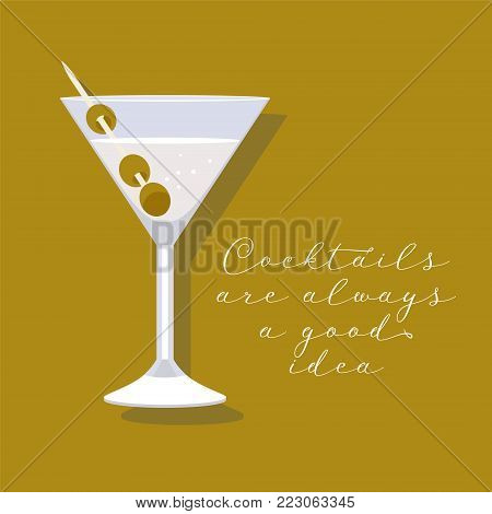 Martini cocktail in a glass vector illustration, banner. Olives in martini poster for cocktails party