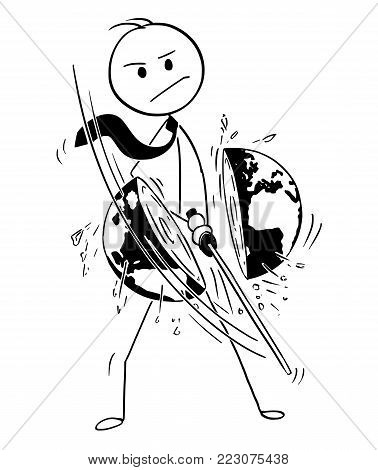 Cartoon stick man drawing conceptual illustration of samurai businessman with katana sword cutting world or earth globe. Concept of global worldwide business.