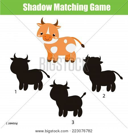 Shadow matching game for children. Find the right shadow for cow. Activity for preschool kids and todders. Farm Animals theme