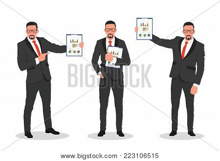 Business man shows finance report, business result. Man in suit hold clipboard in hand - stock vector.