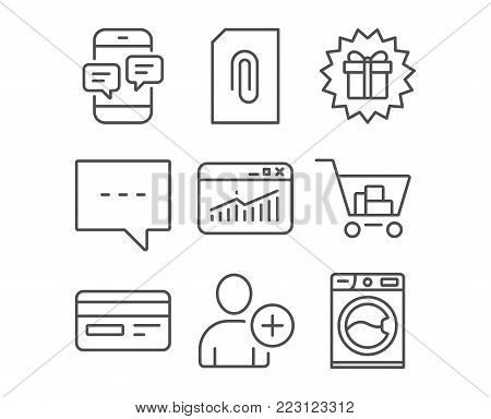 Set of Add user, Blog and Attachment icons. Surprise gift, Website statistics and Credit card signs. Phone messages, Internet shopping and Washing machine symbols. Profile settings. Chat message