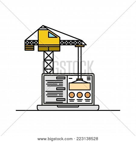 Laptop and crane icon, thin line. Website in under construction page element template isolated. Web building process concept. Vector illustration.