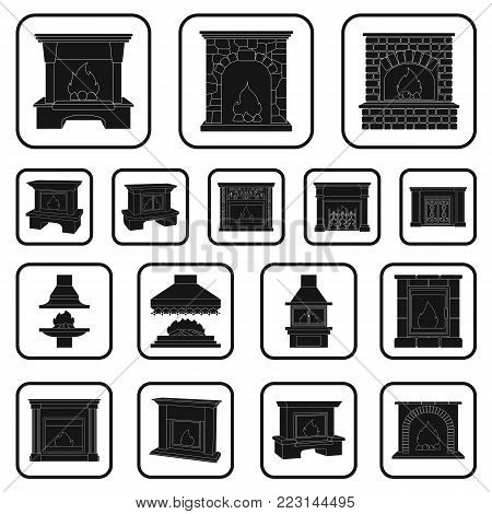 Different kinds of fireplaces black icons in set collection for design.Fireplaces construction vector symbol stock  illustration.