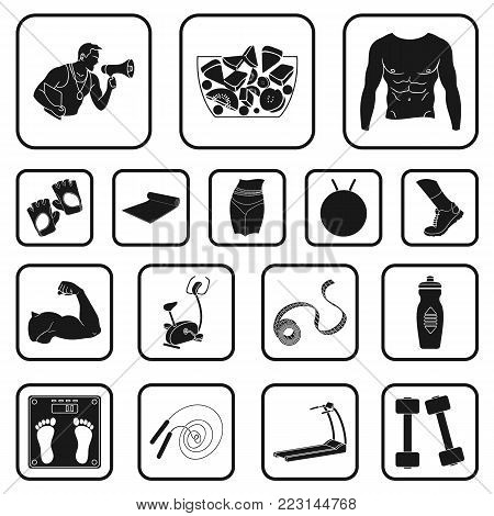 Fitness and attributes black icons in set collection for design. Fitness equipment vector symbol stock  illustration.