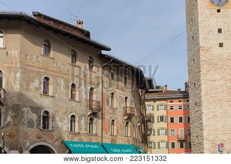 Trento, Italy - May 24, 2017: Case Cazuffi-Rella at Piazza Duomo in Trento, Italy. The palazzo from 16th Century with its famous frescoes by Renaissance artist Fogolino