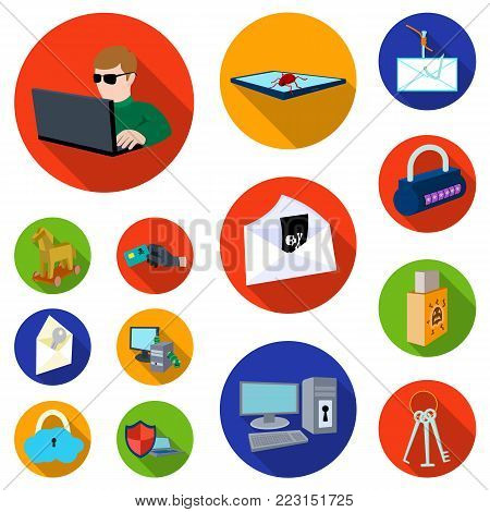 Hacker and hacking flat icons in set collection for design. Hacker and equipment vector symbol stock  illustration.
