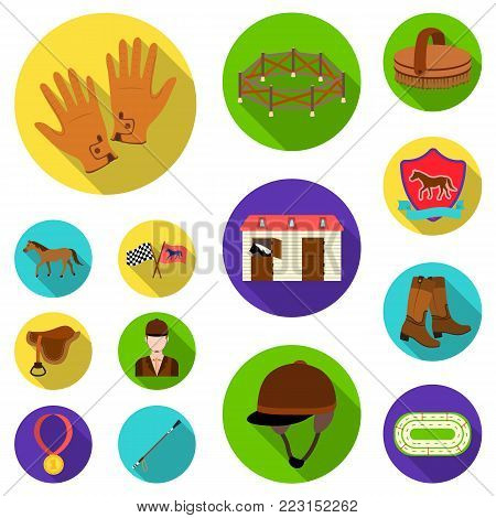 Hippodrome and horse flat icons in set collection for design. Horse Racing and Equipment vector symbol stock  illustration.