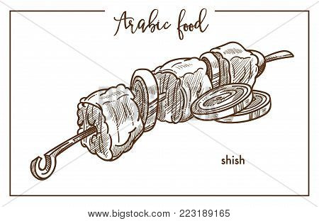 Delicious shish with onion rings on metal skewer from traditional Arabic food. Meat cubes of mutton on stick cooked on open fire isolated cartoon monochrome vector illustration on white background.