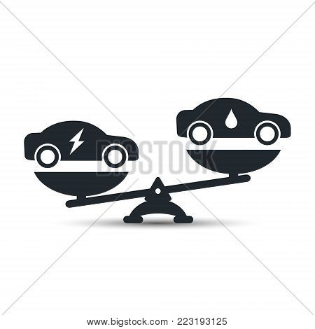 Illustration of comparison between electric eco car and gasoline car. Electric car and fuel car on scales. Demonstration of the advantage or benefit. Fuel gas car versus electric car, vector concept.